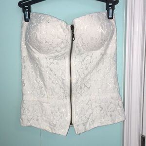 White Lace Zipper Strapless Corset Top
